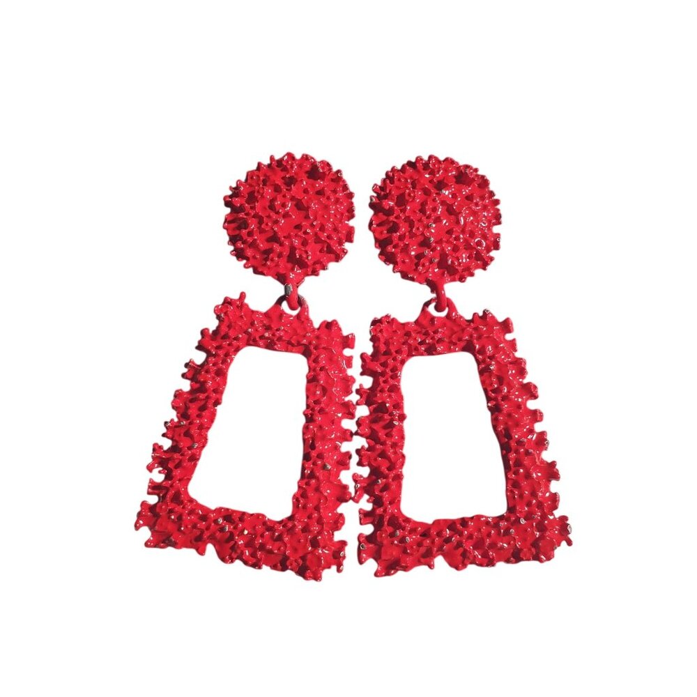Red Textured Geometric Statement Earrings Drop Dangle Funky Bold Fashion Jewelry